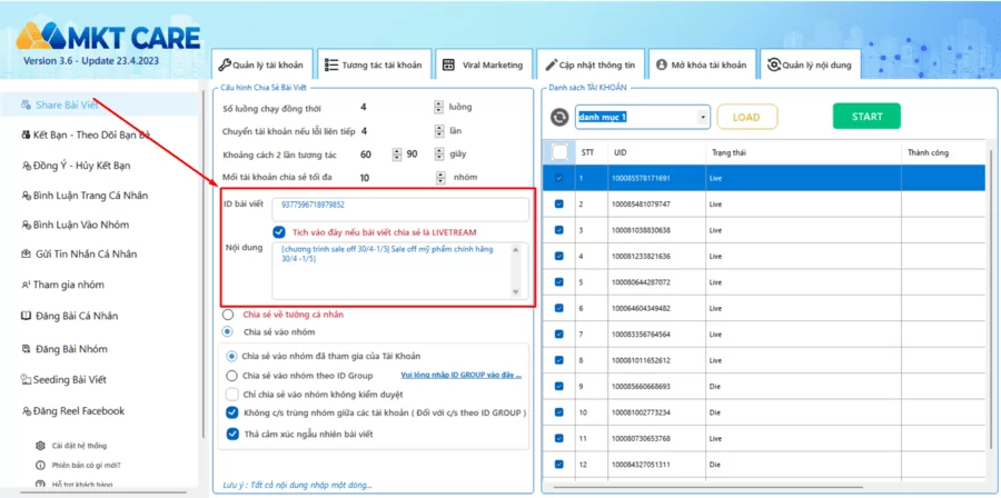 Hướng dẫn auto share Facebook bằng MKT Care