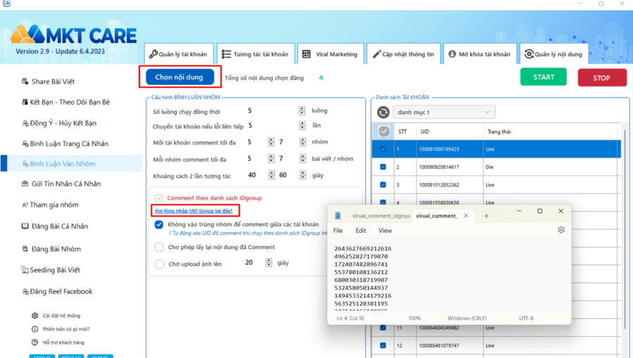 Hướng dẫn auto comment Facebook bằng MKT Care