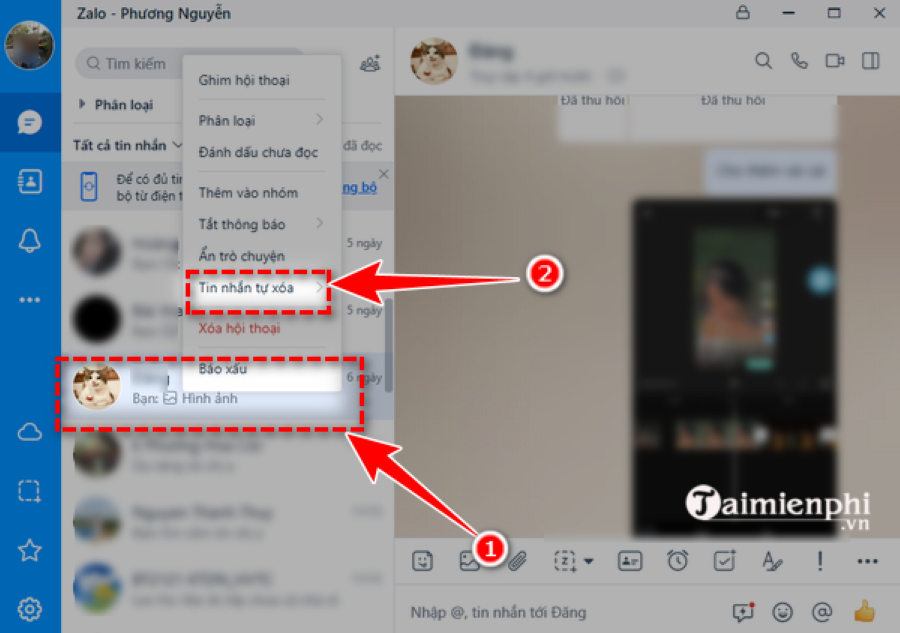 Nhấn chọn “Tin nhắn tự xóa” để xóa tin nhắn cũ zalo tự xóa tin nhắn cũ