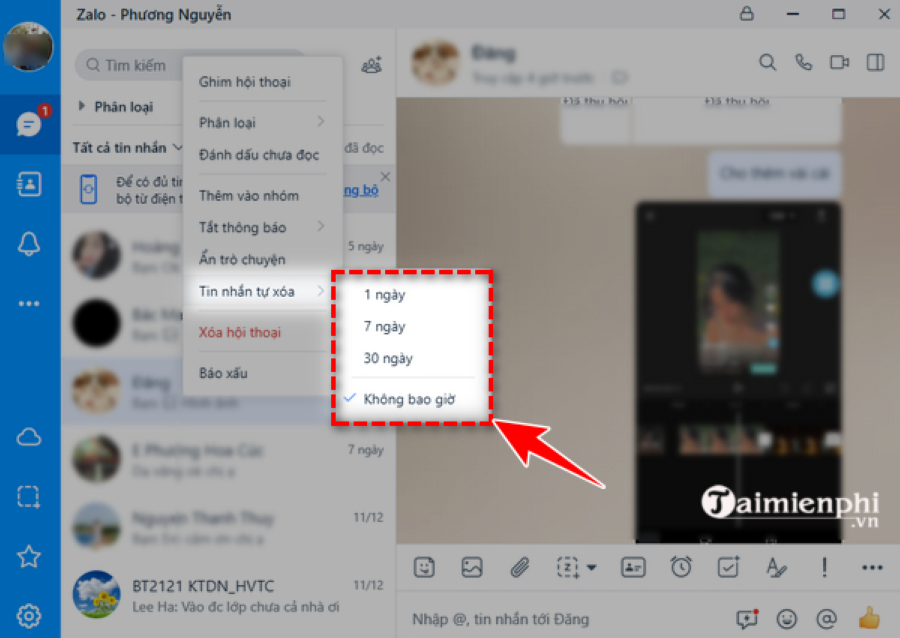 Nhấn chọn thời gian để tự xóa tin nhắn zalo tự xóa tin nhắn cũ